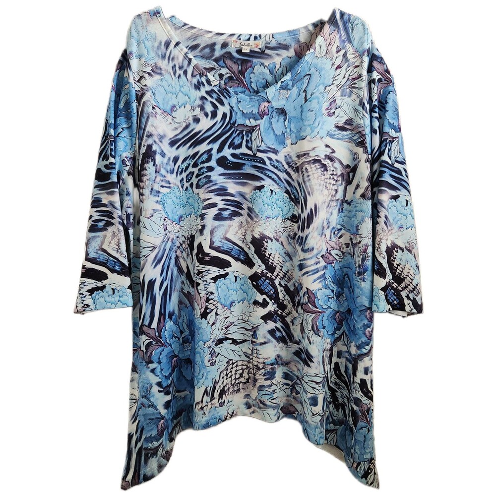 Soleillee Women's Top 3X Blue Floral Bling V-Neck 3/4 Sleeve Easy Care EUC